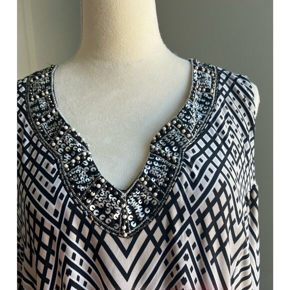 JM Collection Women Sleeveless Embellished Neckline Beige Black Swing Dress 0X - Picture 6 of 8